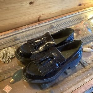 Franco Sarto Black Patent Leather Platform Loafers with Tassles